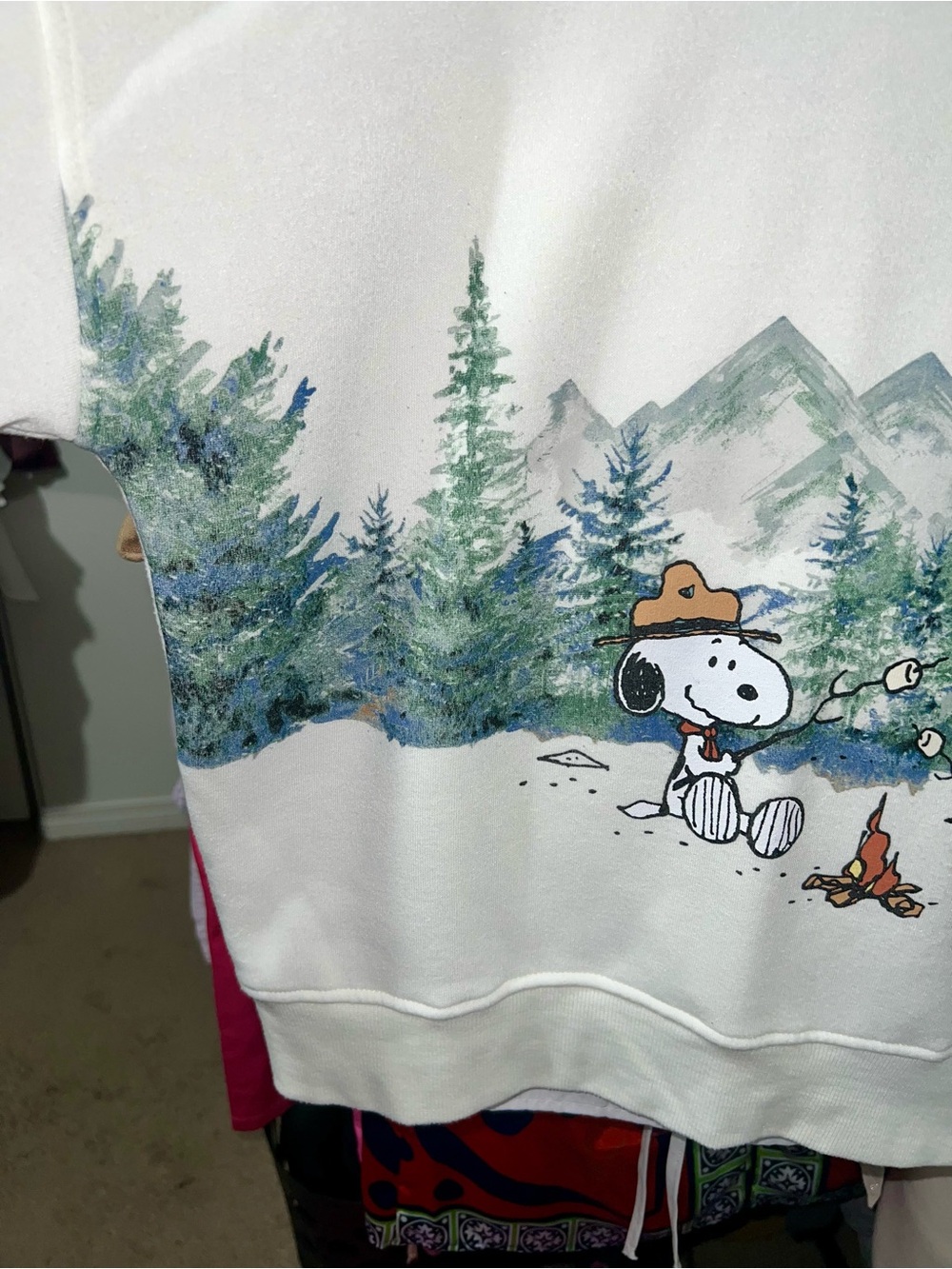 Peanuts 🥜 Cream Scenic Snoopy Crewneck Sweater with Forest Graphic - Picture 9 of 15